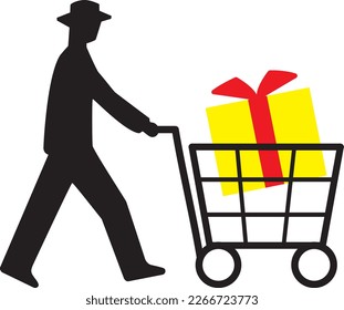Silhouette of a man pushing a shopping cart full of gift boxes
