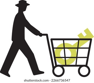 Silhouette of a man pushing a shopping cart with a secret key