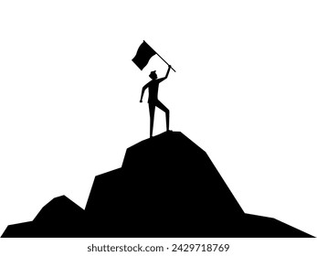 Silhouette of a man raising a flag on the top of a mountain. Vector 