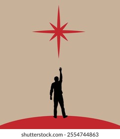 Silhouette of Man Raising Hand Reaching Out for the Star. Achieving goals and success vector art. Thinking and dreaming big concept