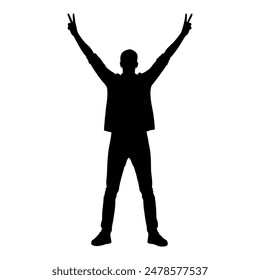 Silhouette of a man raising his arms with the victory symbol. Vector illustration