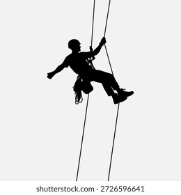 Silhouette eines Mannes, der Seile auf weißem Hintergrund abseilt, ein Geschirr trägt und an einem Seil festhält.