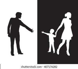 Silhouette Of A Man Reaching To His Young Child, But The Mother Removes The Child To The Other Side And Is Separated From The Father.Dad And Mom With A Baby On Different Backgrounds