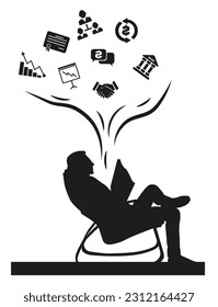 Silhouette of a man reading about business and development. Vector graphics. ESP 10.