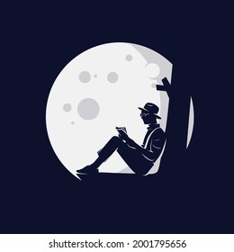 silhouette man leyendo libro con ilustración de fondo de luna llena