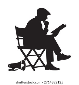 Una silueta de un hombre leyendo un libro mientras está sentado en una silla de director