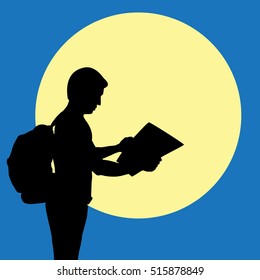 Silhouette man reading a map with super full moon on background
