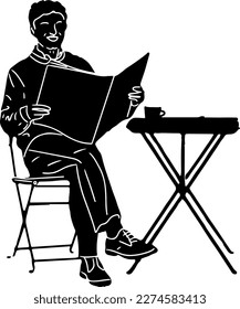Silhouette of a Man Reading a Newspaper at an Outdoor Restaurant, A Man Enjoying His Newspaper in the Fresh Air,  A Man Reading the News in a Tranquil Outdoor Setting