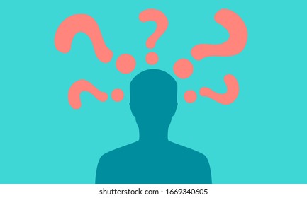 Silhouette of a man with a red question on a blue background. Flat design. Vector illustration