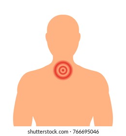 Silhouette of a man with a red throat on a white background. Sore throat, colds. Pain in the neck. Vector illustration.