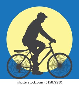 Silhouette man ride the bicycle with super full moon on background