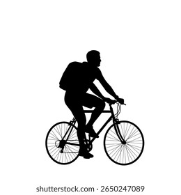 Silhouette of a man riding a bicycle with a backpack. Vector illustration in black for cycling, delivery, outdoor activity, or eco transportation concepts. Isolated on white