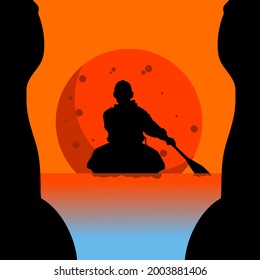 silhouette of a man riding a canoe with a river and moon in the background