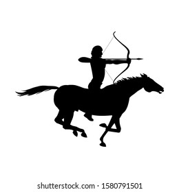 Silhouette of man is riding a horse and aiming from the bow. Vector illustration isolated on white background