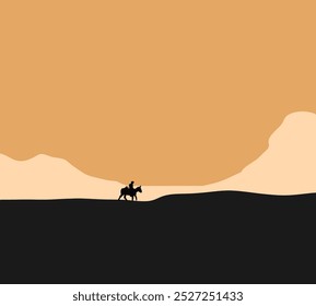 Silhouette man riding horse during sunset time on desert landscape. Hobbies and leisure. Nature holiday vacation.