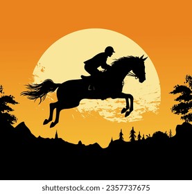 Silhouette of a man riding a horse at sunset