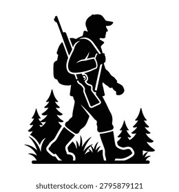 A silhouette of a man with a rifle and backpack walking in the woods.