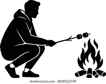 Silhouette of a man roasting marshmallows over a campfire at night, outdoors recreation