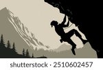 silhouette of a man rock climbing with mountain background.