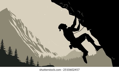 silhouette of a man rock climbing with mountain background.