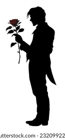 Silhouette of a man with a rose isolated on white background. Gallant young man in a tailcoat with a rose in his hand. Vector illustration