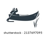 Silhouette of a man rowing boat on lake. Professional adult fisherman. Isolated on a white background. Vector illustration.