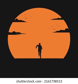 silhouette man run to the sunset, running silhouettes vector illustration, trail running, marathon runner, landscape