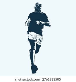 Silhouette of a man running, depicted in a bold, monochromatic design. The figure is wearing a T-shirt, shorts, and shoes, with a cap and mask covering his face. The image portrays a dynamic pose, emphasizing movement. The minimalist style with clean lines and contrast focuses on the action and form of the runner, set against a light background.