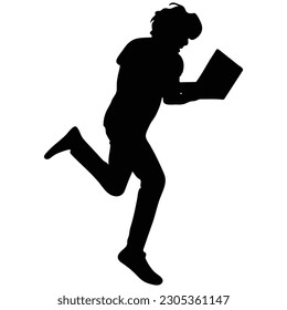  silhouette of a man running with laptop.