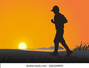 Silhouette of man running on the beach in the morning on golden sunrise background, health care exercise concept vector illustration