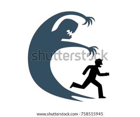 The silhouette of a man runs away from his huge shadow which symbolizes fear