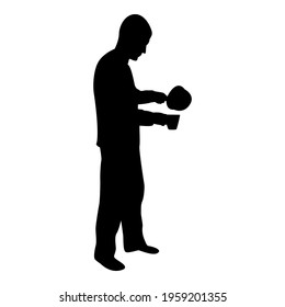 Silhouette man with saucepan in his hand preparing food. male cooking use sauciers water poured in mug black color vector illustration flat style simple image