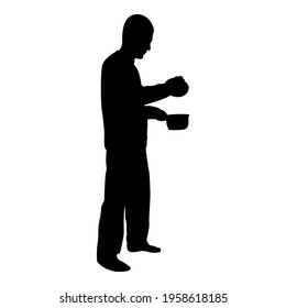 Silhouette man with saucepan in his hands preparing food male cooking use sauciers with open lid black color vector illustration flat style simple image