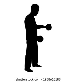Silhouette man with saucepan in his hands preparing food male cooking use sauciers with open lid black color vector illustration flat style simple image