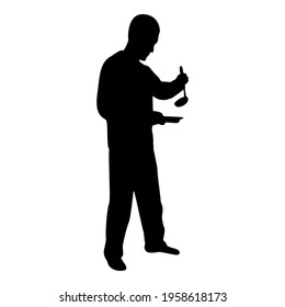 Silhouette man with saucepan scoop ladle kitchen utensil crack for soup in his hands preparing food male cooking use sauciers black color vector illustration flat style simple image