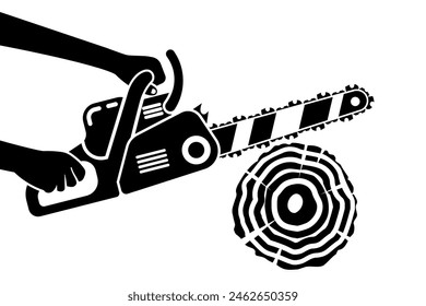 Silhouette man saws a log with a chainsaw. The lumberjack holds a gasoline chain saw in hands. Professional working instrument tool. Vector illustration flat design.