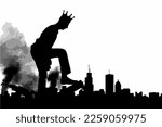 Silhouette of a man selfish giant with a crown on his head, destroys the city on your way - it does not stop. Vector Silhouette. The concept of a large ego - a social problem
