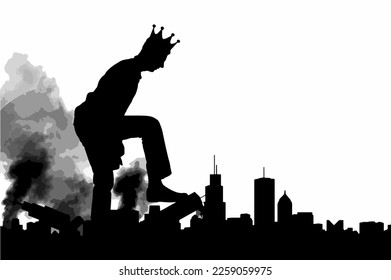 Silhouette of a man selfish giant with a crown on his head, destroys the city on your way - it does not stop. Vector Silhouette. The concept of a large ego - a social problem