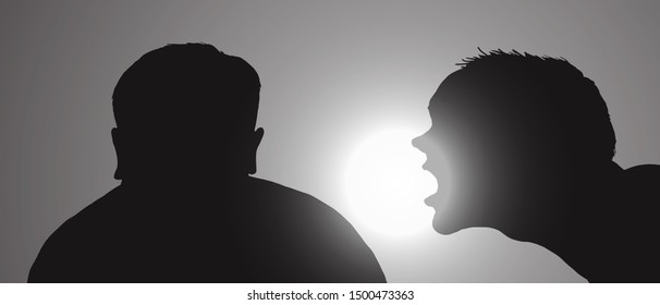 Silhouette of a man shouting into the ear of another man. Vector illustration. 
