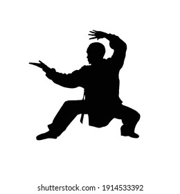 Silhouette of a man showing martial wushu, kung fu exercise. Vector illustration. Wushu icon