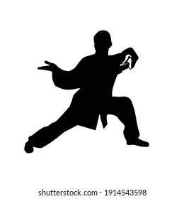 Silhouette of a man showing martial wushu, kung fu exercise. Vector illustration. Wushu icon