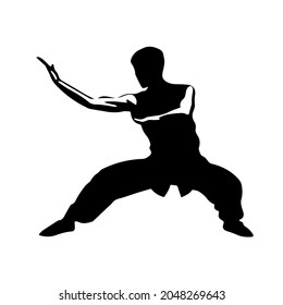 Silhouette of a man showing martial wushu, kung fu exercise. Vector illustration. Wushu icon