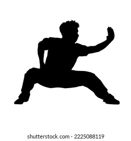 Silhouette of a man showing martial wushu, kung fu exercise. Vector illustration. Wushu icon