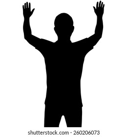 Silhouette Man With Showing Two Hands Up Isolated On White Background