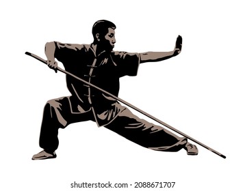 Silhouette of a man shows the Kung Fu wushu stance. The art of wushu with a spear. Vector illustration.