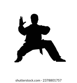 silhouette of a man shows a wushu stance. vector illustration