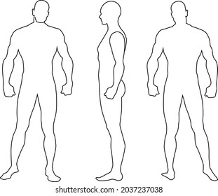 Silhouette of a man side, front and back side view. Vector illustration