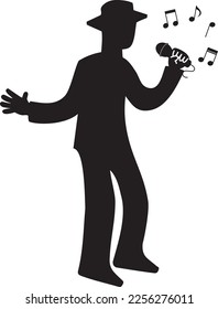 Silhouette of a man singing with a microphone and musical notes