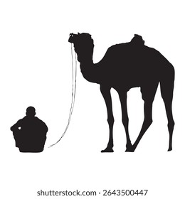 Silhouette of Man Sitting Beside Camel on White Background
