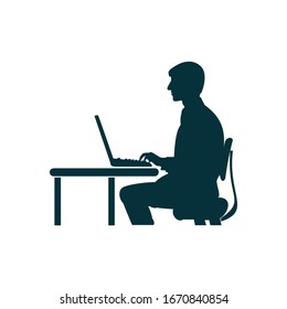 Silhouette of a man sitting at a computer on a white background.